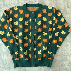 Green Fall Leaves Knit Cardigan Button Forest Grandpa Sweater Size L